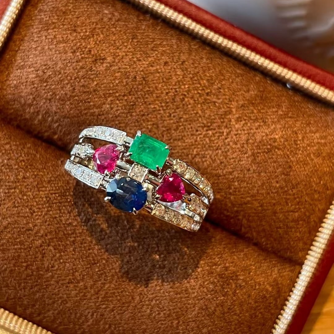 14k Gold 1.4 Ctw Natural Ruby & Emerald & Sapphire Ring - 5