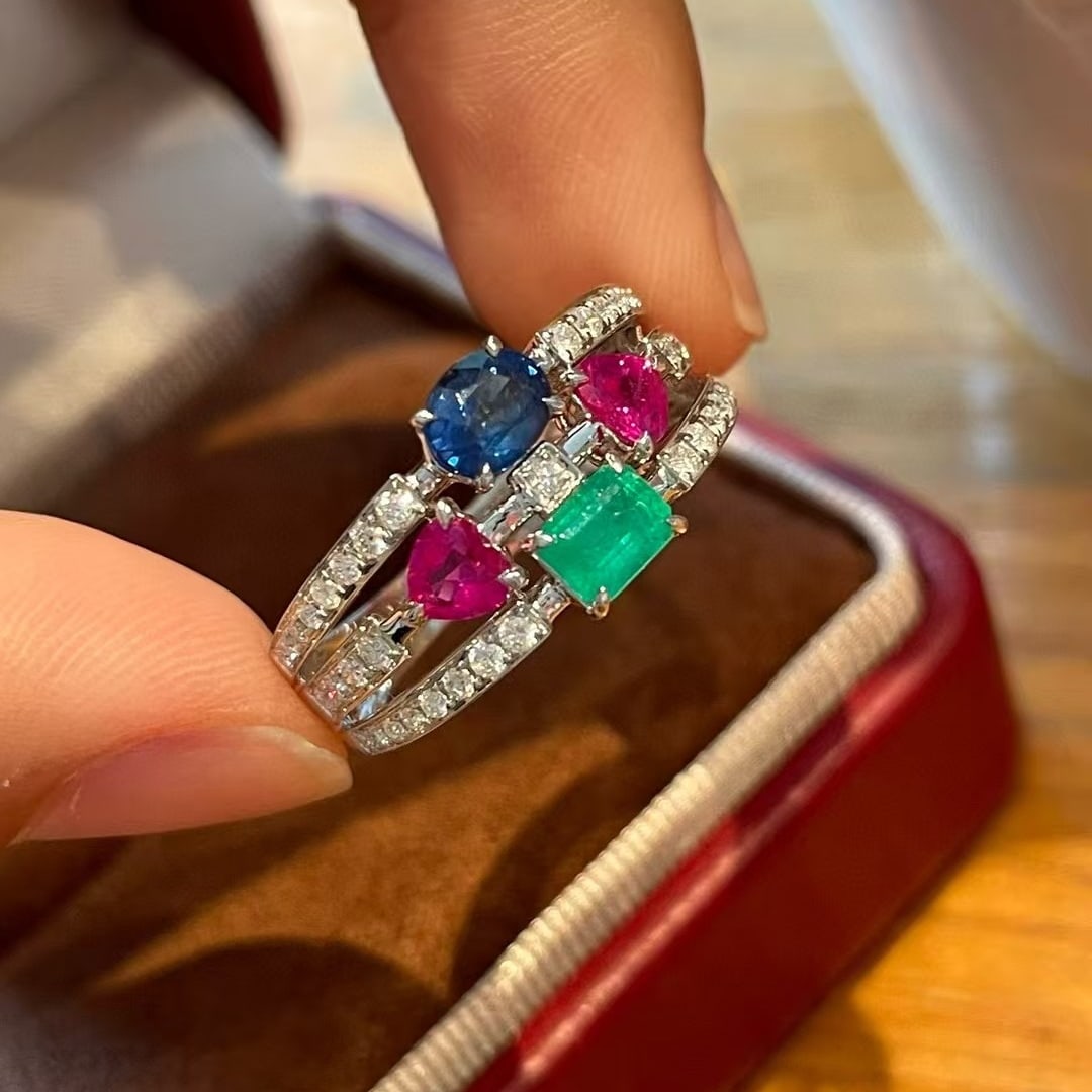 14k Gold 1.4 Ctw Natural Ruby & Emerald & Sapphire Ring - 6