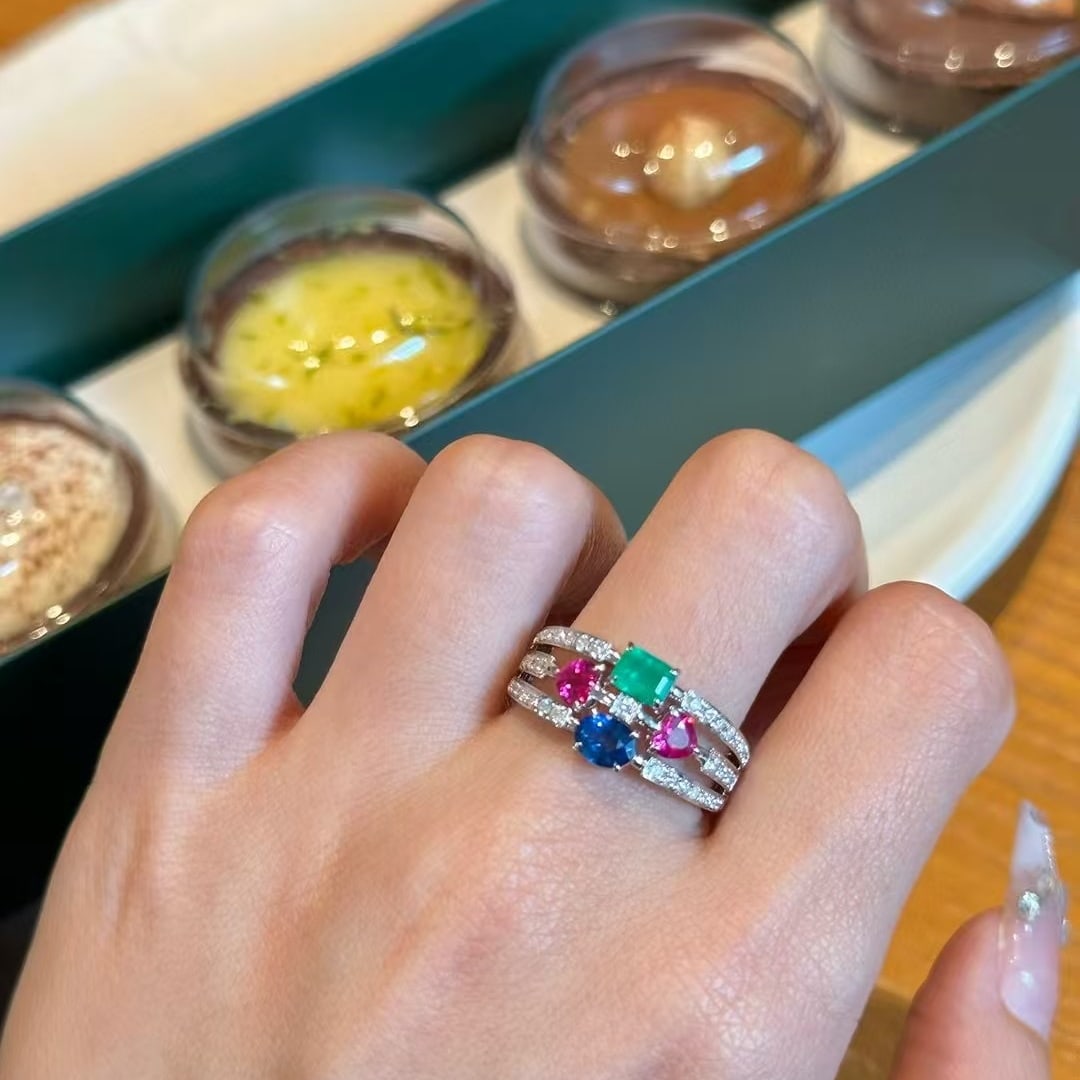 14k Gold 1.4 Ctw Natural Ruby & Emerald & Sapphire Ring - 7