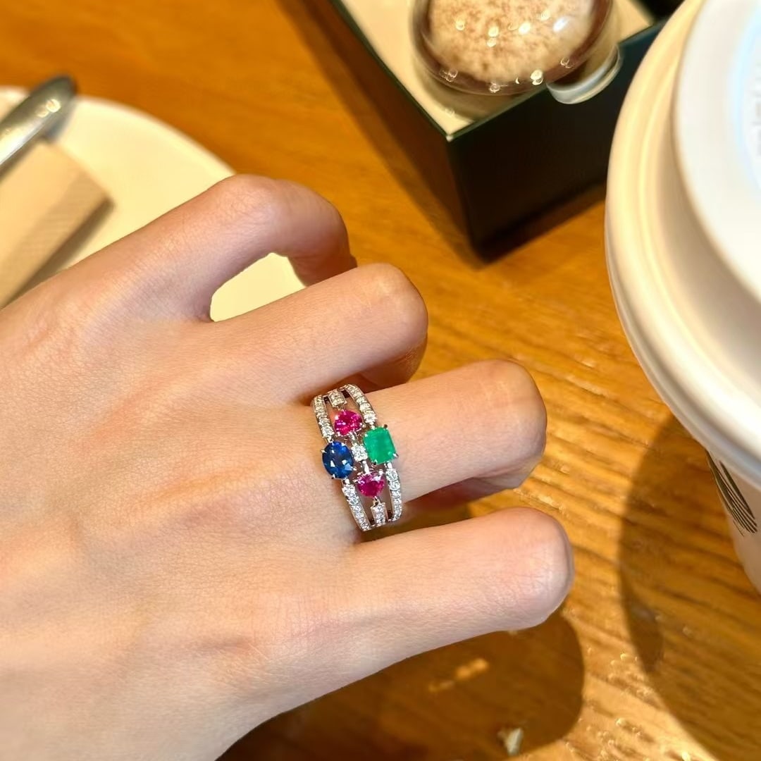 14k Gold 1.4 Ctw Natural Ruby & Emerald & Sapphire Ring - 8