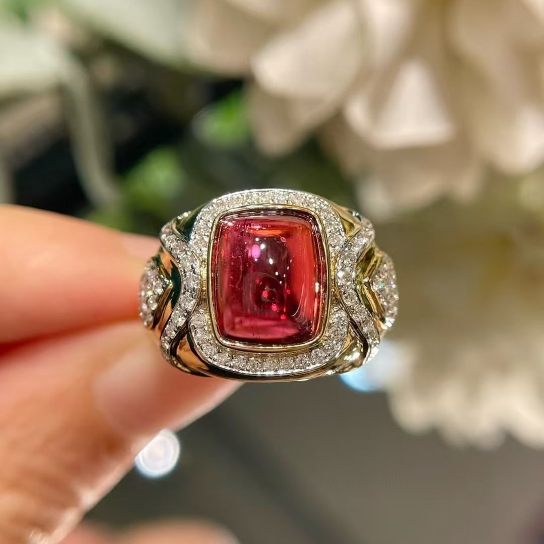 14k Gold 3.3 Ct Natural Tourmaline & Diamond Ring: Ref:231032418 // gold content:14k gold // ring size:7. 25us // // main gemstone:tourmaline // shape:cushion // carat weight:3. 3ct // color:red // treatment:natural // // adjacent gemstone 2 :