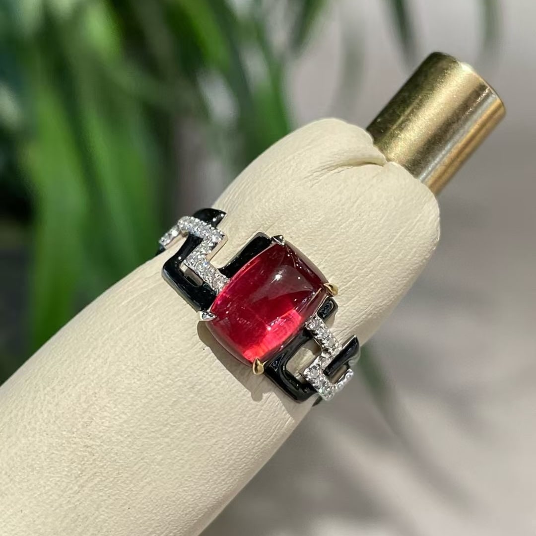14k Gold 2.2 Ct Natural Tourmaline & Diamond Ring: Ref:231032426 // gold content:14k gold // ring size:7. 25us // // main gemstone:tourmaline // shape:cushion // carat weight:2. 2ct // color:red // treatment:natural // // adjacent gemstone 2 :