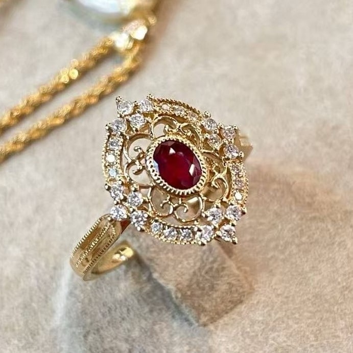 14k Gold 0.35 Ct Natural Ruby & Diamond Ring: Ref:231032435 // gold content:14k gold // ring size:7. 25us // // main gemstone:ruby // shape:oval // carat weight:0. 35ct // color:pigeonblood red // treatment:natural // // adjacent gemstone 2 :