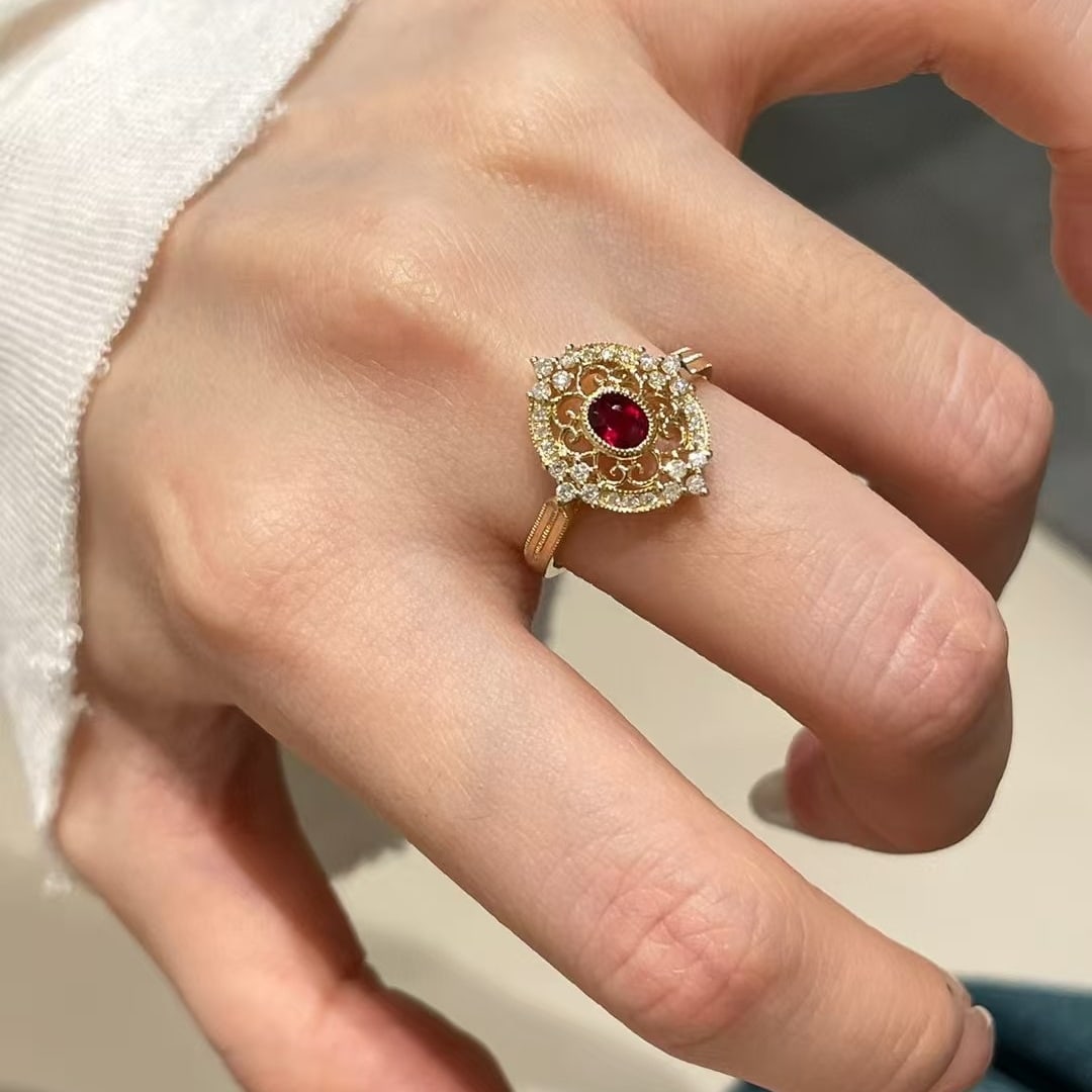 14k Gold 0.35 Ct Natural Ruby & Diamond Ring - 6
