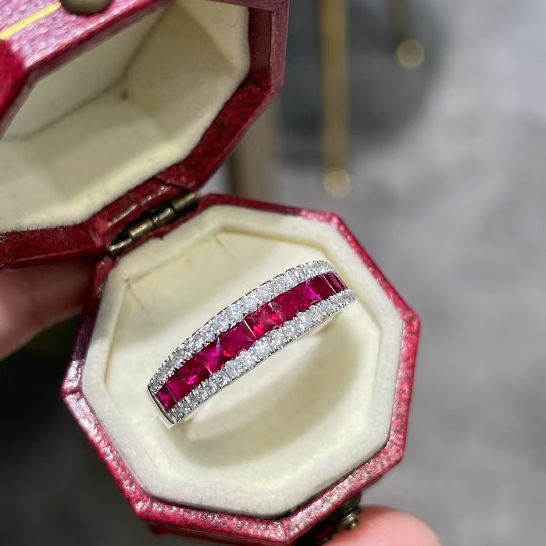 14k Gold 1 Ct Natural Ruby & Diamond Ring: Ref:231032441 // gold content:14k gold // ring size:7. 25us // // main gemstone:ruby // shape:princess // carat weight:1ct // color:red // treatment:natural // // adjacent gemstone 2 : diamond //