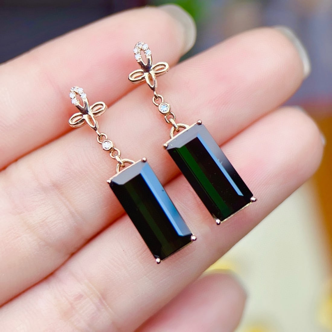 14k Gold 4.74 Ctw Natural Tourmaline & Diamond Earrings - 5