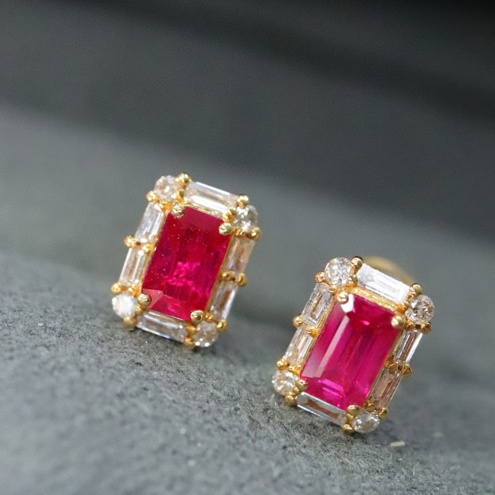 14k Gold 0.94 Ctw Natural Ruby & Diamond Earrings - 2