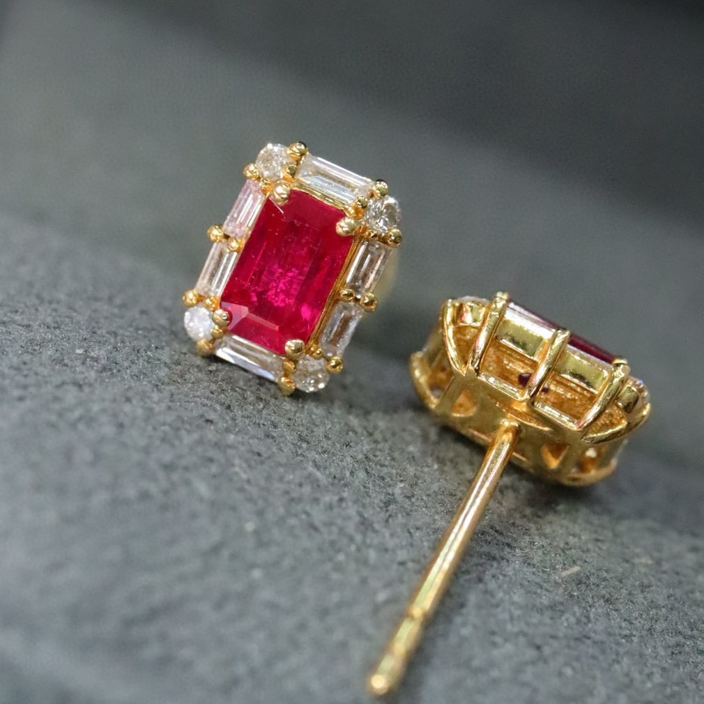 14k Gold 0.94 Ctw Natural Ruby & Diamond Earrings - 3