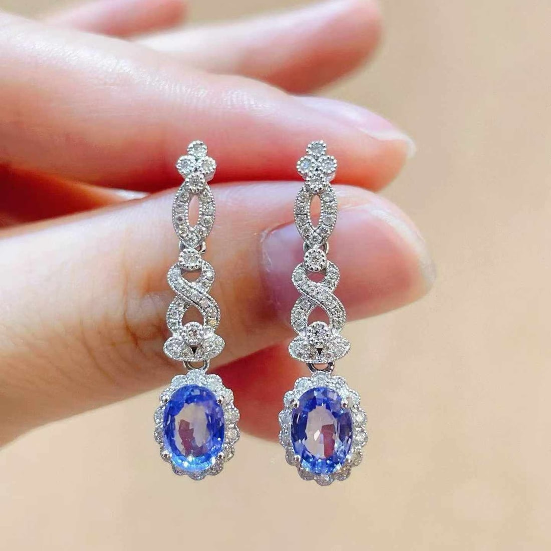 14k Gold 2.49 Ctw Natural Sapphire & Diamond Earrings - 4