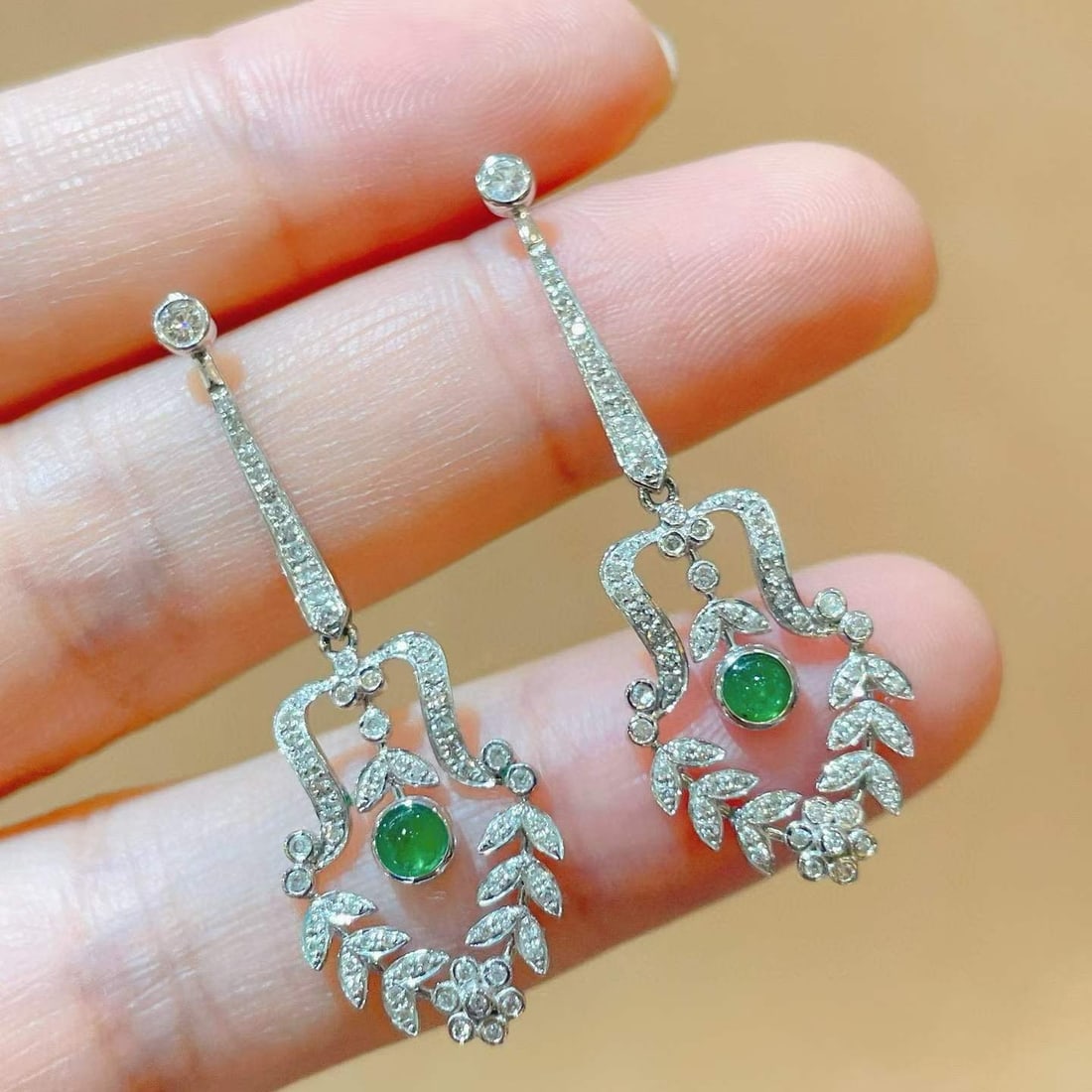 14k Gold 0.70 Ctw Natural Emerald & Diamond Earrings - 4
