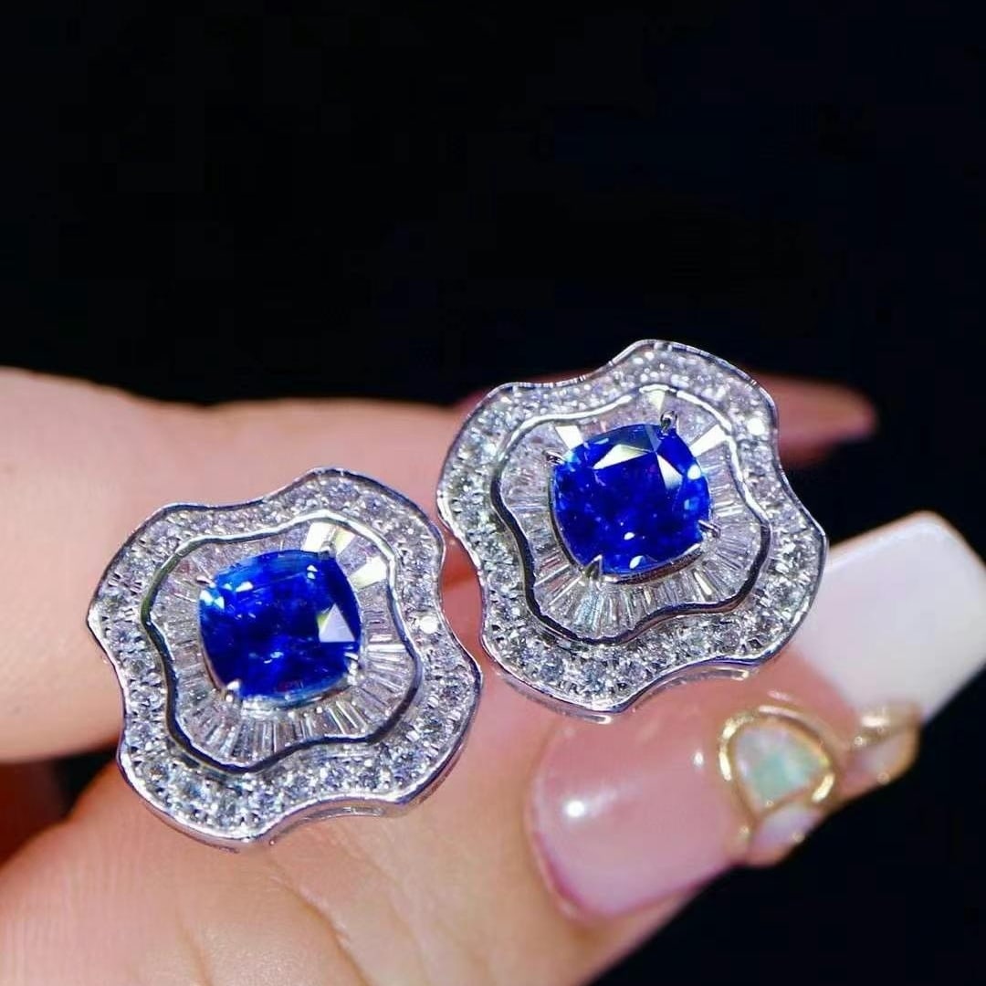14k Gold 3.42 Ctw Vivid Blue Natural Sapphire & Diamond Earrings - 2