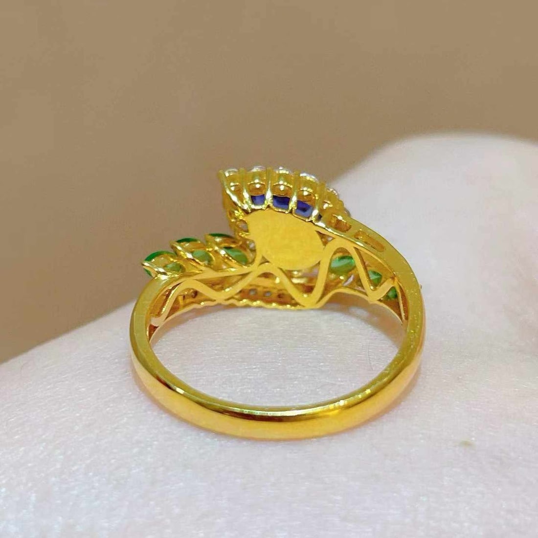 14k Gold 0.95 Ct Natural Sapphire & Tsavorite & Diamond & Sapphire Ring - 4