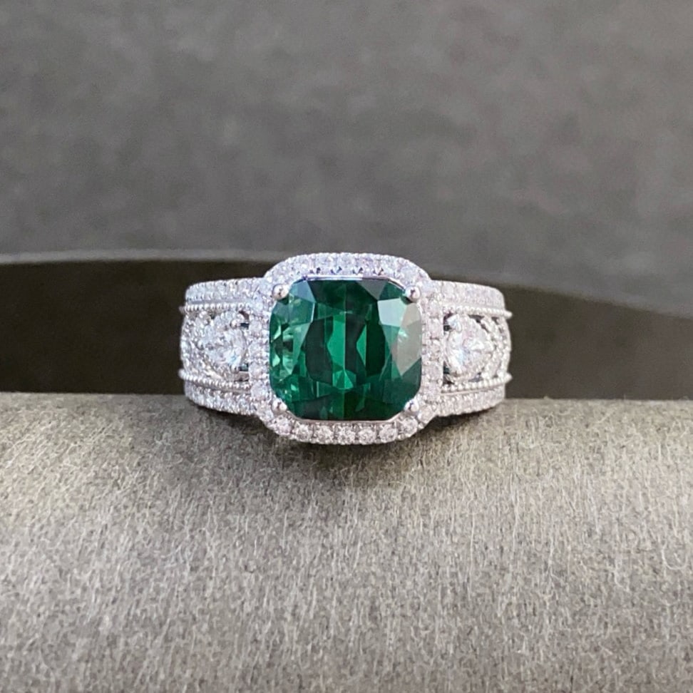 14k Gold 5.35 Ctw Natural Tourmaline & Diamond Ring: Ref:231033092 // gold content:14k gold // ring size:7. 25us // // main gemstone:tourmaline // shape:cushion // carat weight:4. 73ct // color:green // treatment:natural // // adjacent gemstone 2 :