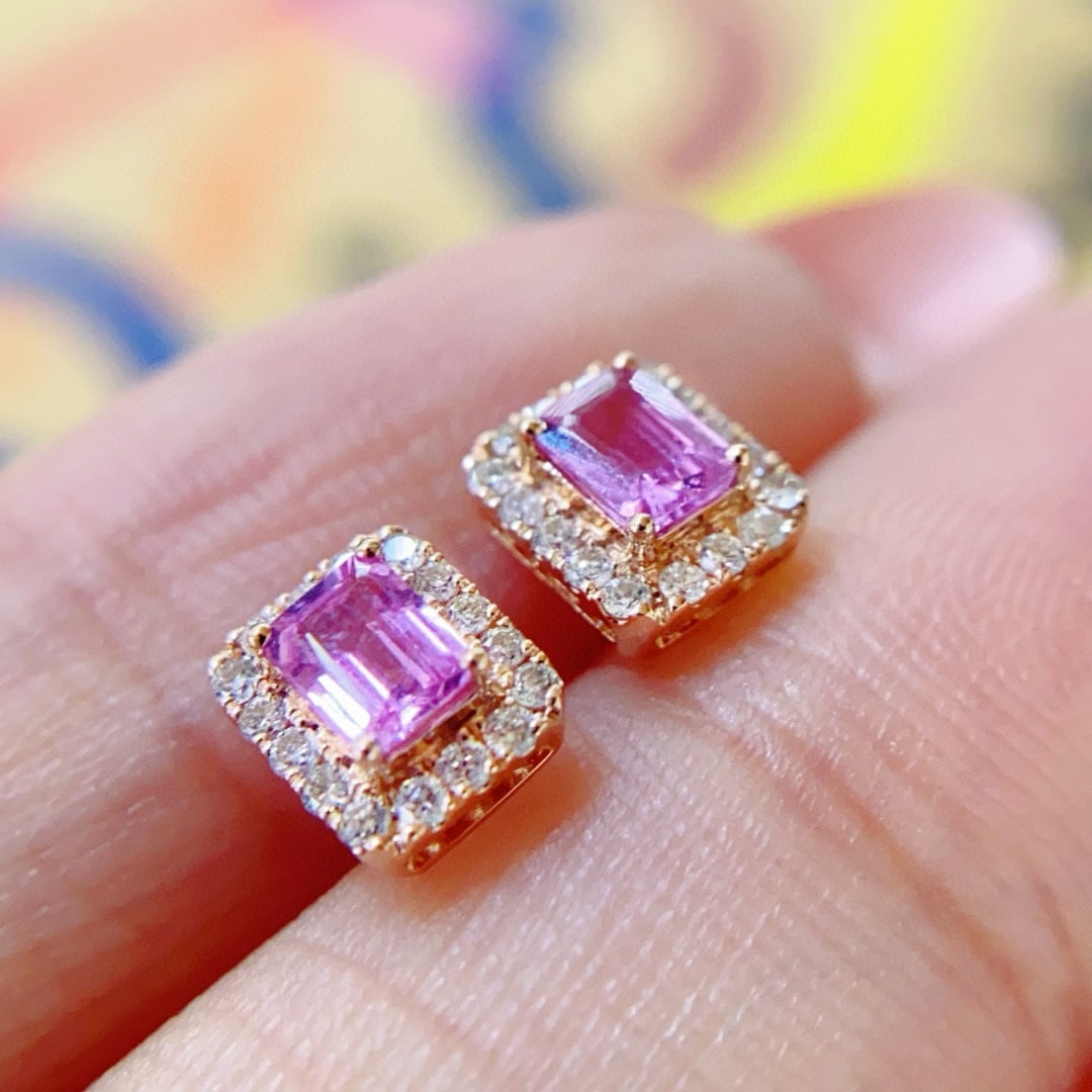 14k Gold 0.56 Ctw Natural Sapphire & Diamond Earrings: Ref:231033094 // gold content:14k gold // main gemstone:sapphire // shape:octagonal // carat weight:0. 4ct // color:pink // treatment:natural // // adjacent gemstone 2 : diamond // shape:round //