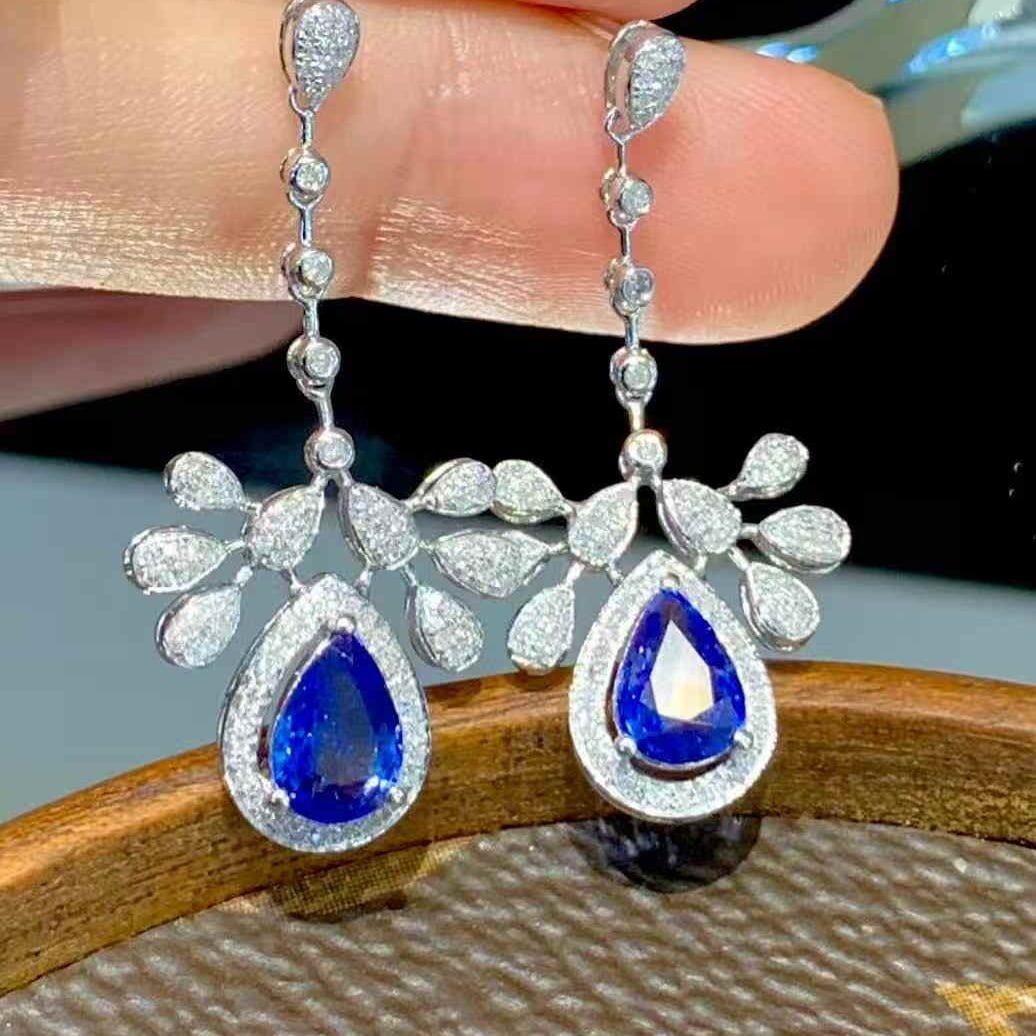 14k Gold 1.75 Ct Natural Sapphire & Diamond Earrings - 2