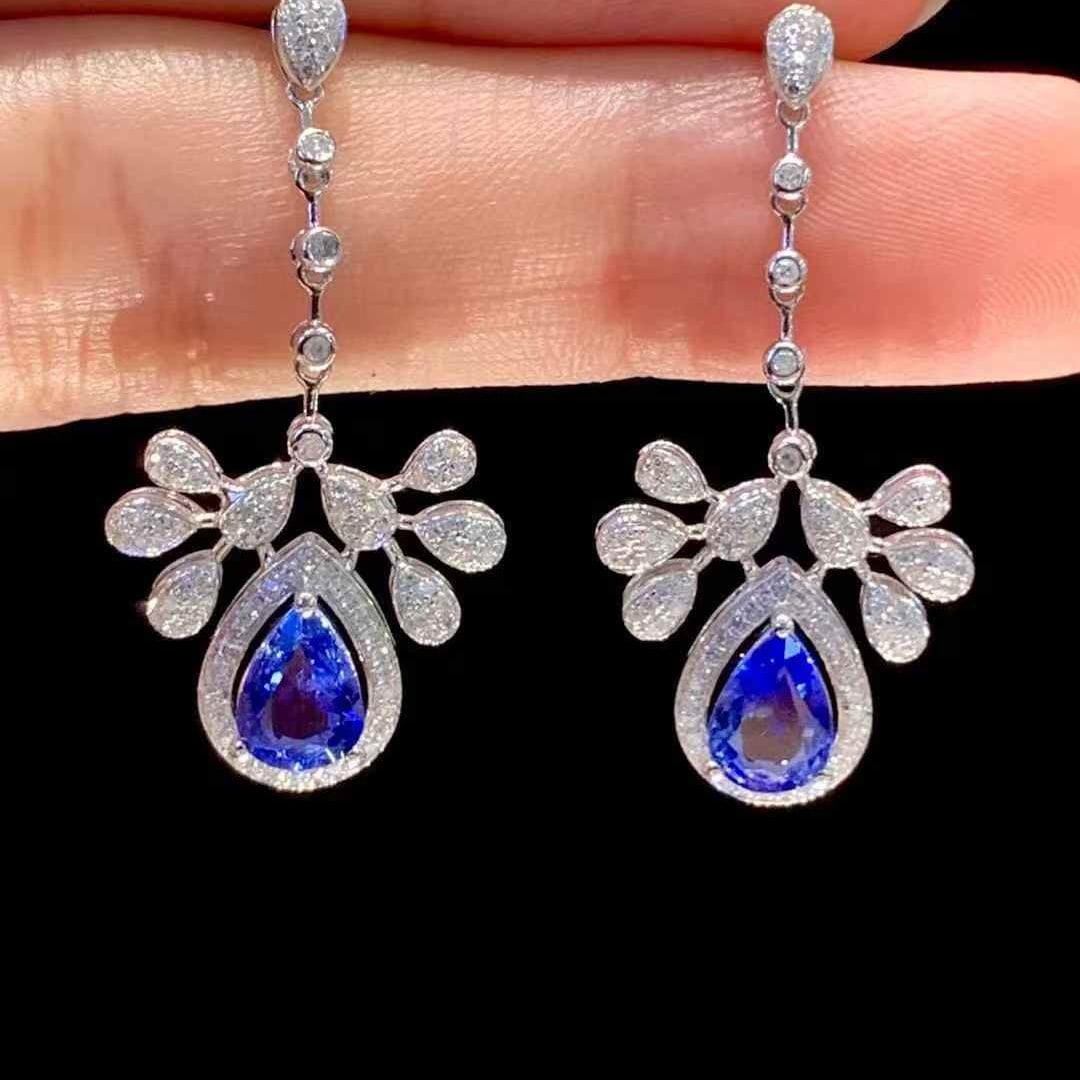 14k Gold 1.75 Ct Natural Sapphire & Diamond Earrings - 3