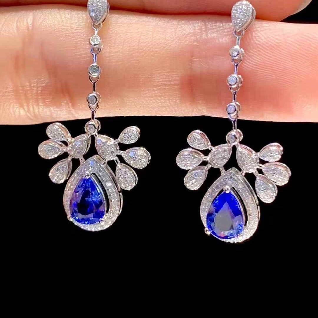 14k Gold 1.75 Ct Natural Sapphire & Diamond Earrings - 4