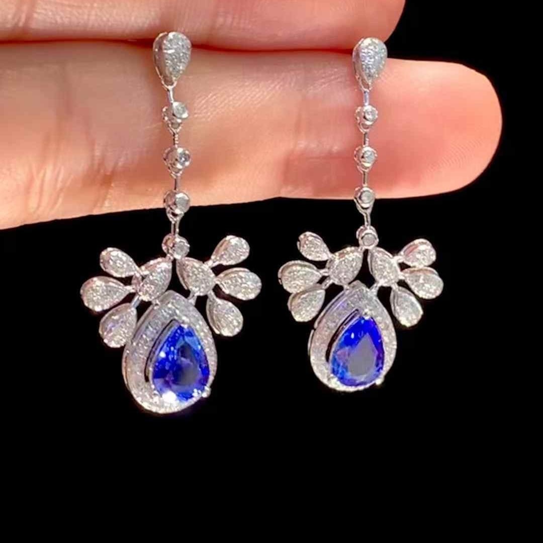 14k Gold 1.75 Ct Natural Sapphire & Diamond Earrings - 5