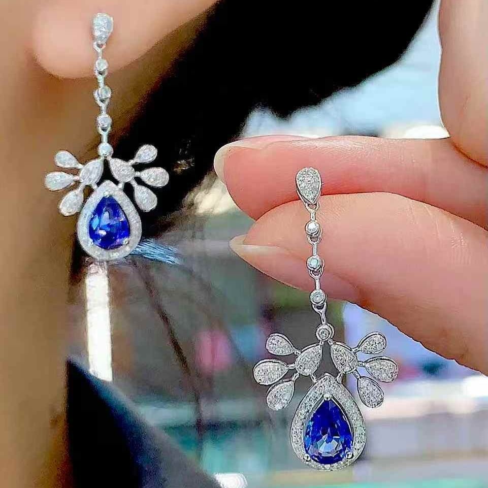 14k Gold 1.75 Ct Natural Sapphire & Diamond Earrings - 6