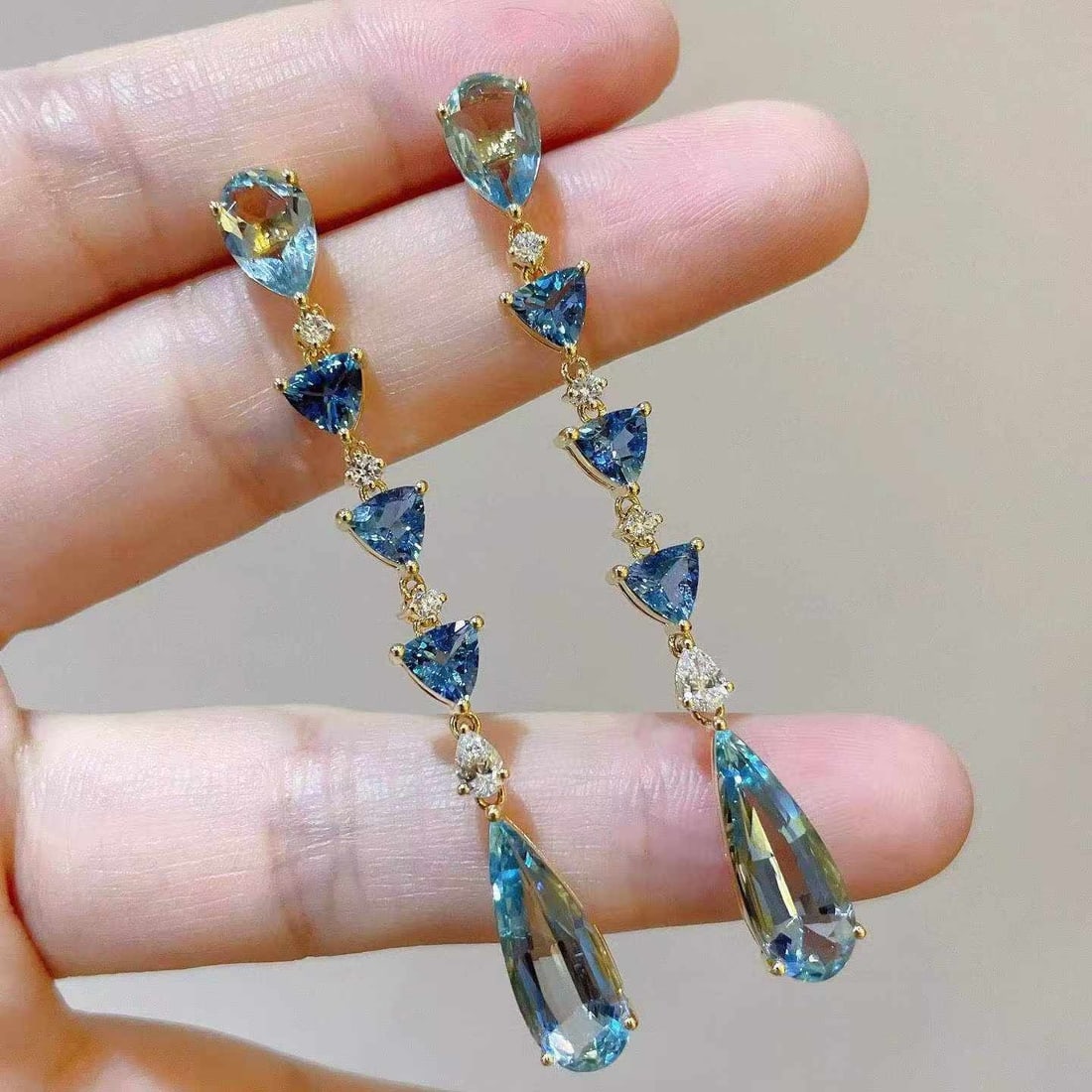 14k Gold 8.24 Ctw Natural Aquamarine & Diamond Earrings - 2