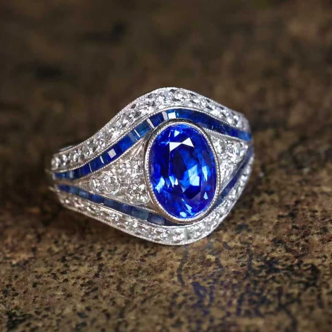 14k Gold 3.5 Ctw Natural Sapphire & Diamond & Art Deco Ring - 2