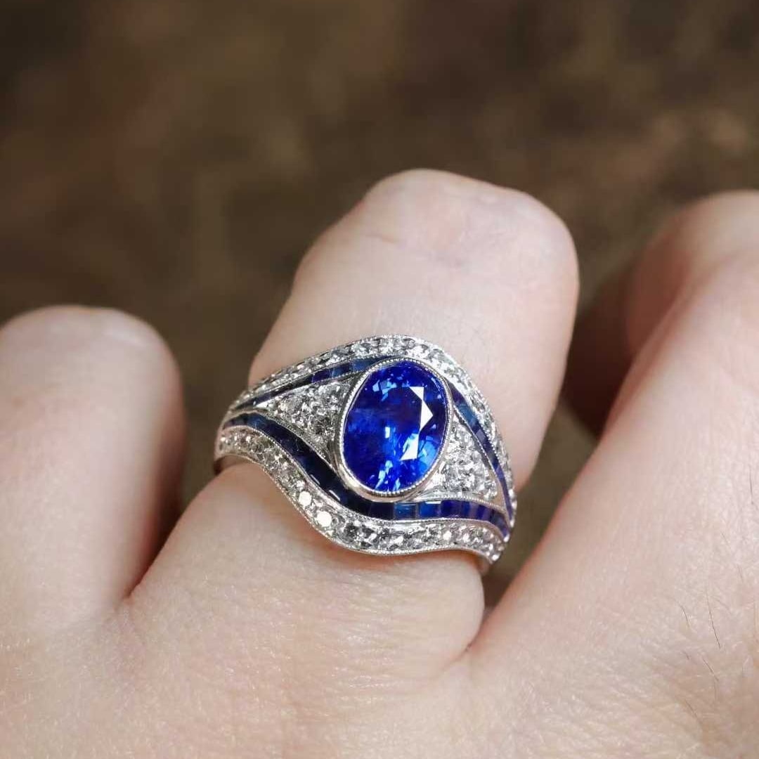 14k Gold 3.5 Ctw Natural Sapphire & Diamond & Art Deco Ring - 3