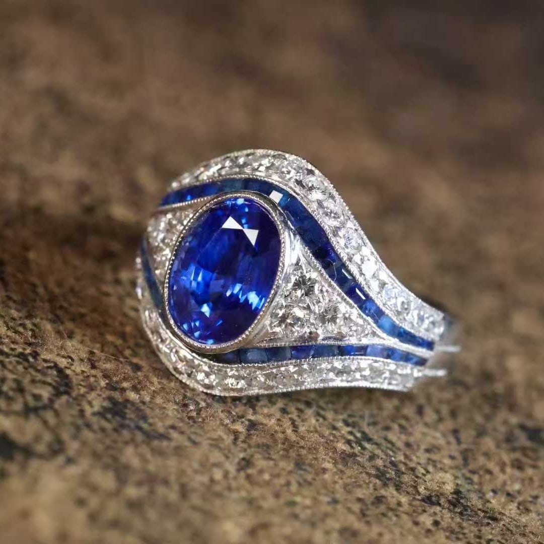 14k Gold 3.5 Ctw Natural Sapphire & Diamond & Art Deco Ring - 4