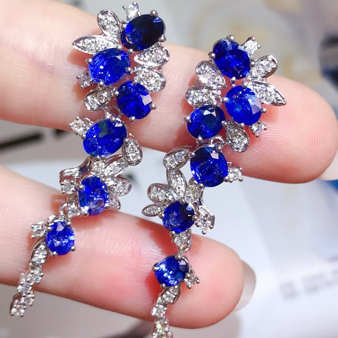 14k Gold 6.52 Ctw Natural Sapphire & Diamond Earrings - 2