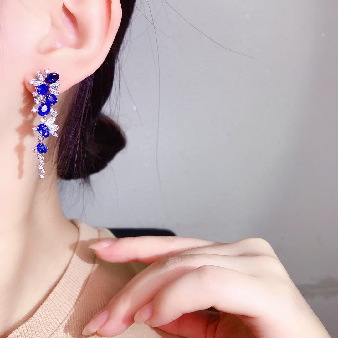 14k Gold 6.52 Ctw Natural Sapphire & Diamond Earrings - 3