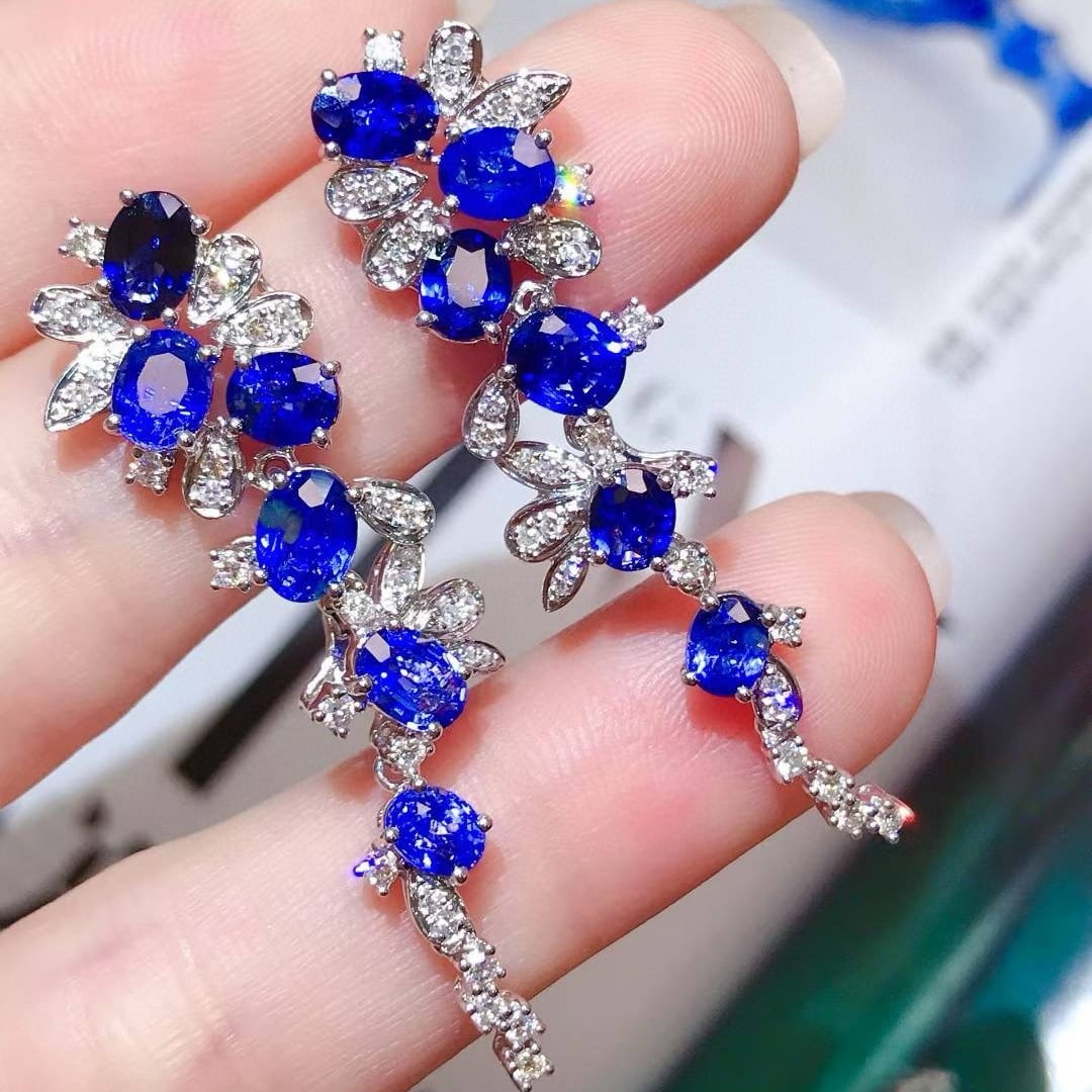 14k Gold 6.52 Ctw Natural Sapphire & Diamond Earrings - 4