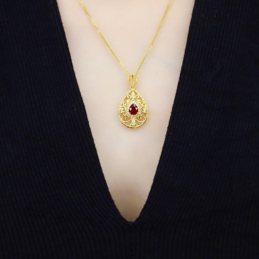 14k Gold 0.57 Ctw Natural Ruby & Diamond Pendant( Without Chain ) - 2