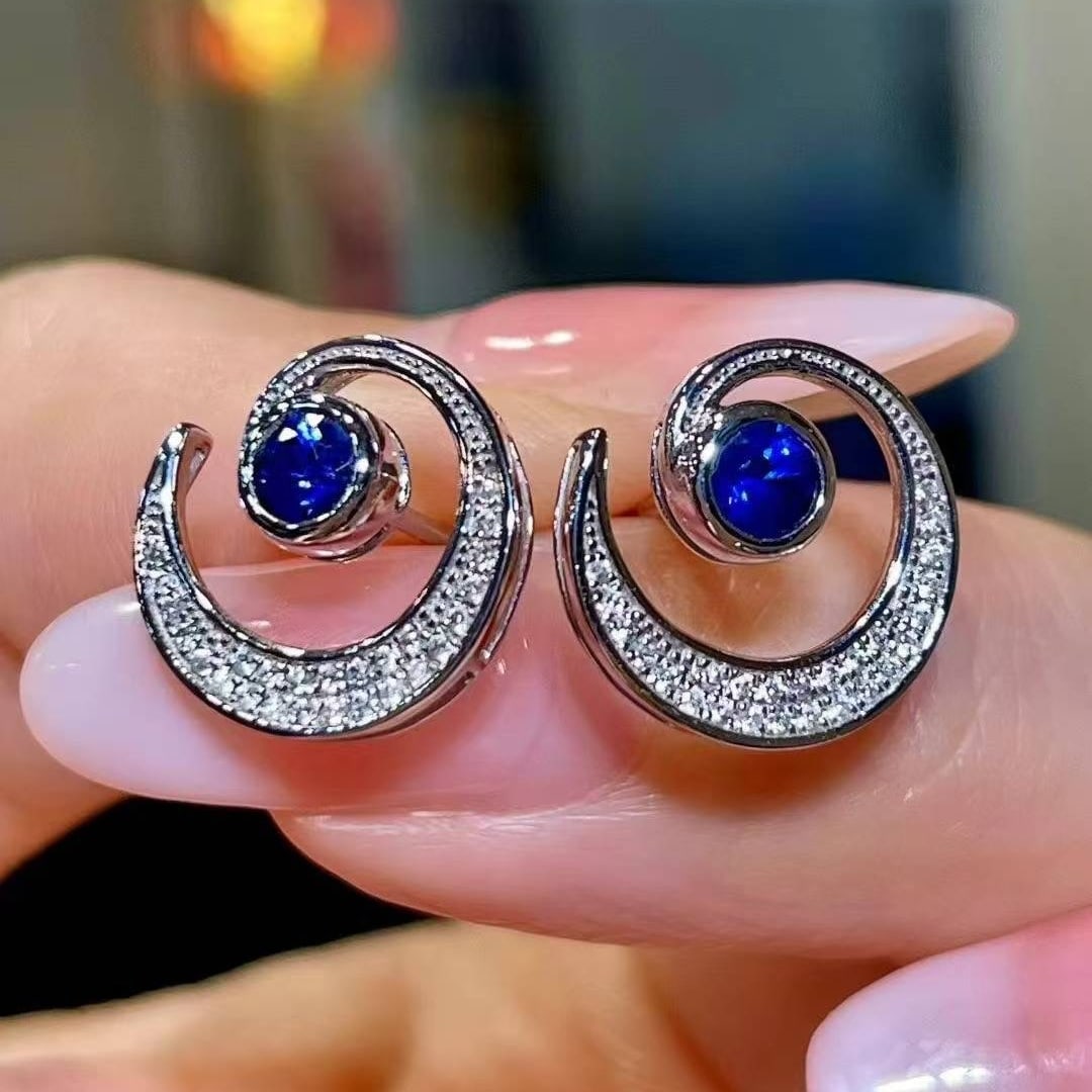 14k Gold 0.55 Ctw Natural Sapphire & Diamond Earrings: Ref:231033136 // gold content:14k gold // main gemstone:sapphire // shape:round // carat weight:0. 39ct // color:blue // treatment:natural // cut grade:g // // adjacent gemstone 2 : diamond //
