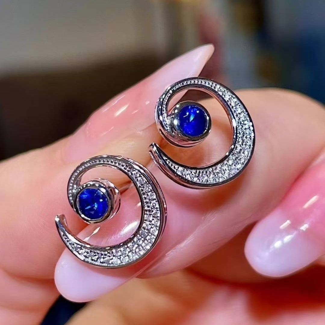14k Gold 0.55 Ctw Natural Sapphire & Diamond Earrings - 4