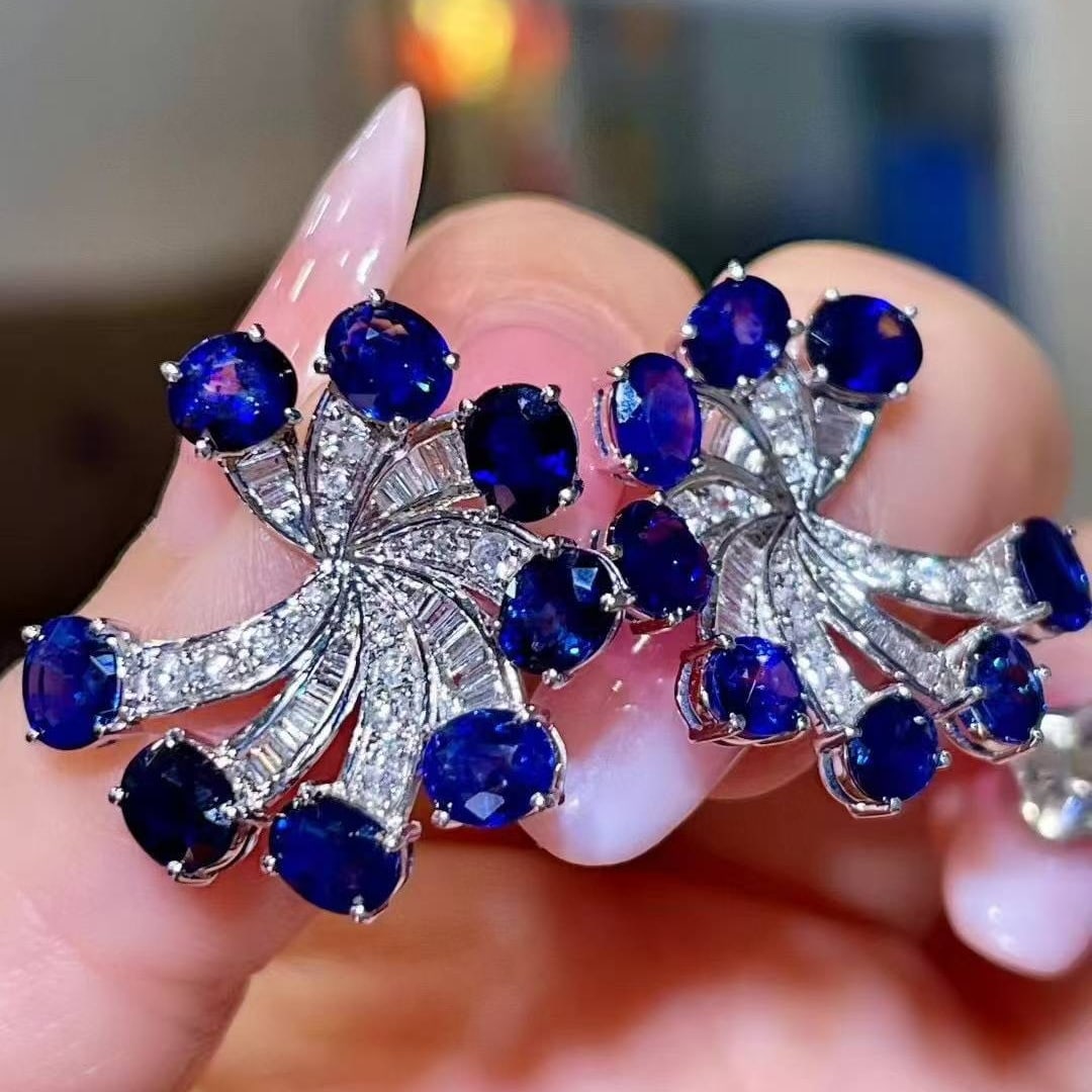 14k Gold 8.44 Ctw Natural Sapphire & Diamond Earrings - 2