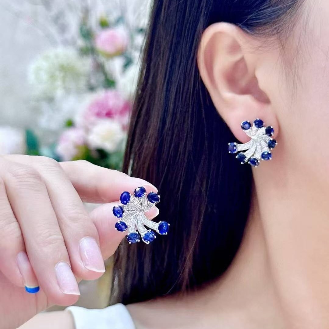 14k Gold 8.44 Ctw Natural Sapphire & Diamond Earrings - 3