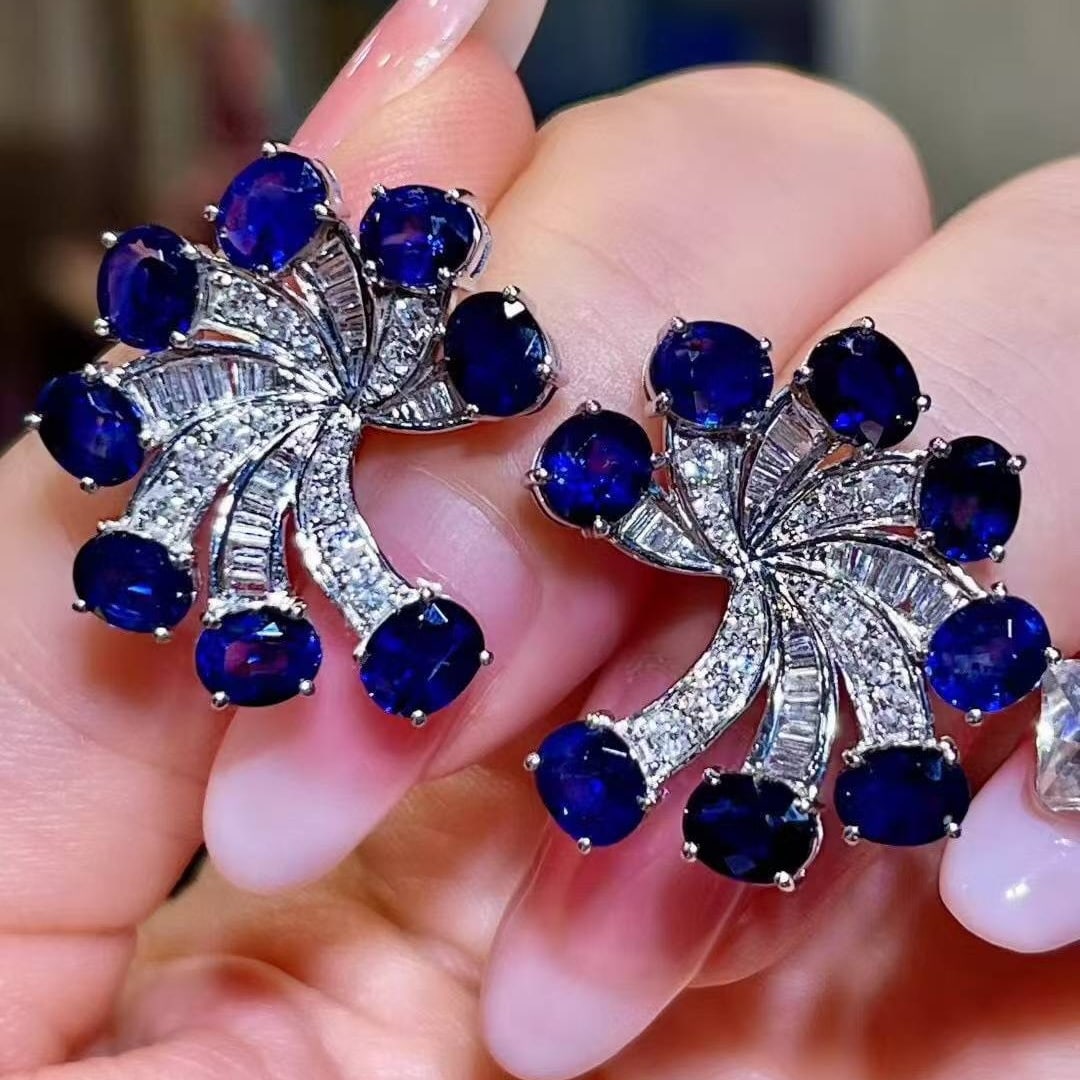 14k Gold 8.44 Ctw Natural Sapphire & Diamond Earrings - 4
