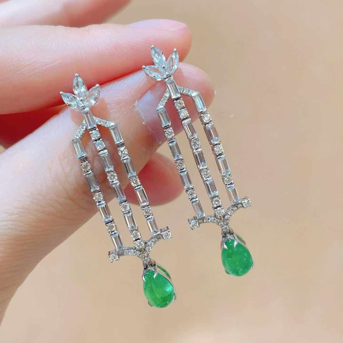 14k Gold 2.51 Ctw Natural Emerald & Diamond Earrings - 4