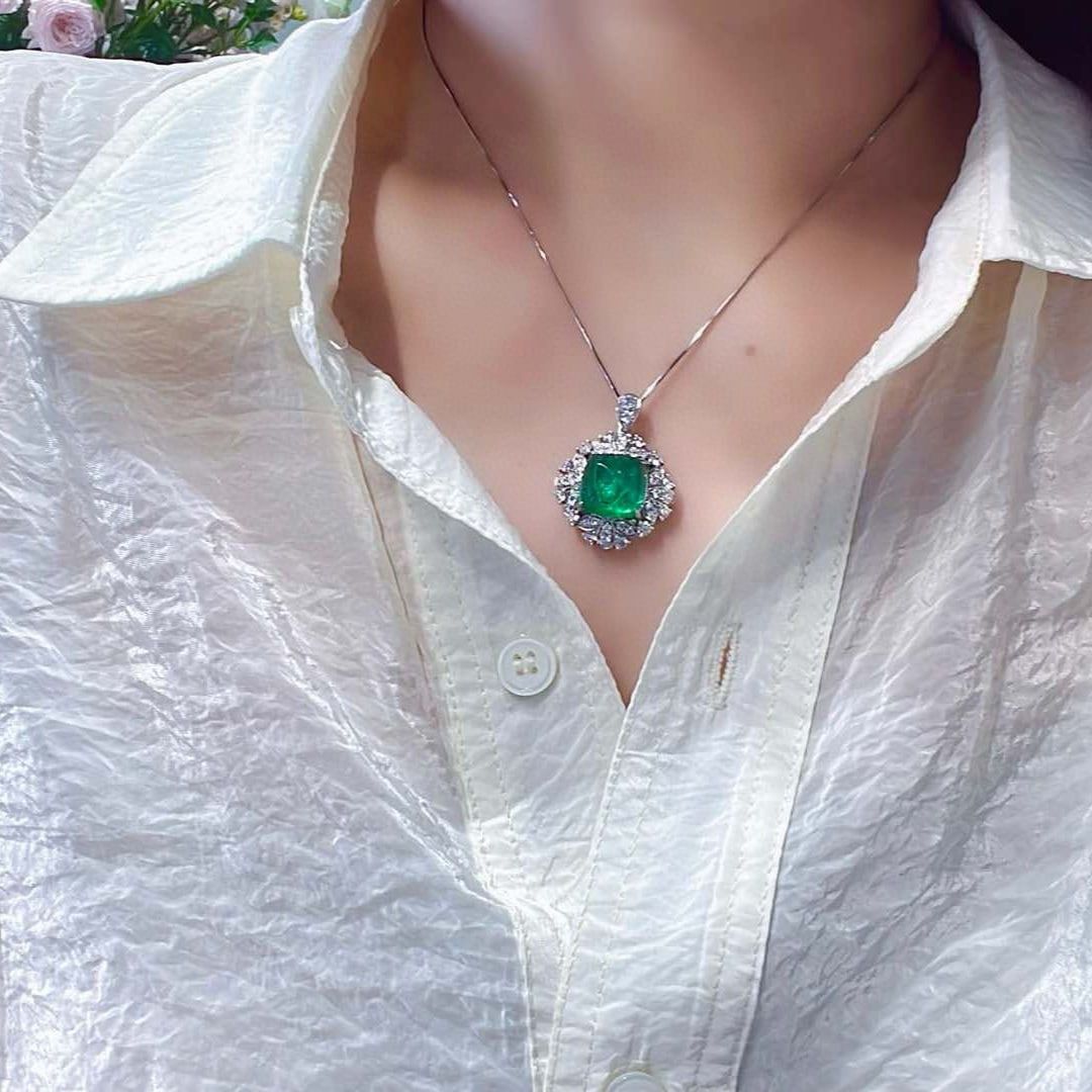 14k Gold 9.68 Ctw Natural Emerald & Diamond Pendant( Without Chain ) - 3