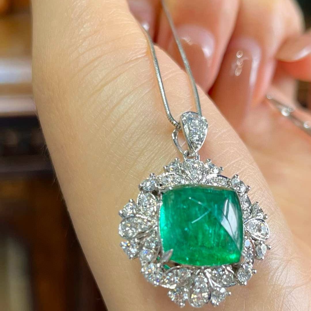 14k Gold 9.68 Ctw Natural Emerald & Diamond Pendant( Without Chain ) - 5