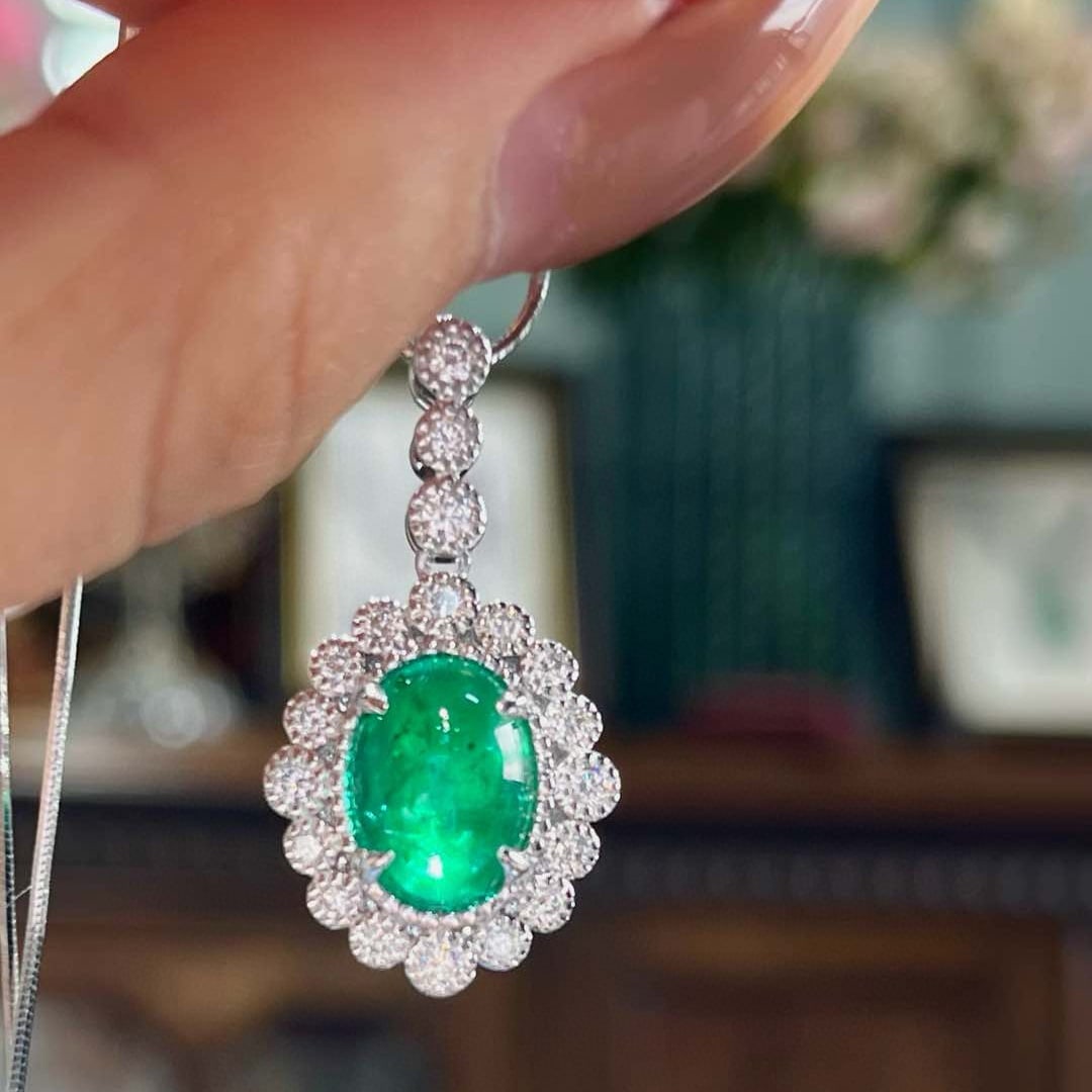 14k Gold 3.63 Ctw Natural Emerald & Diamond Pendant( Without Chain ) - 7
