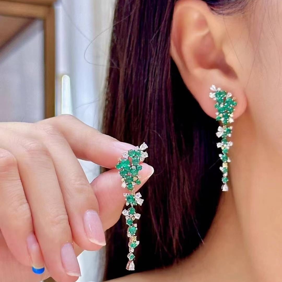 14k Gold 4.62 Ctw Natural Emerald & Diamond Earrings - 2