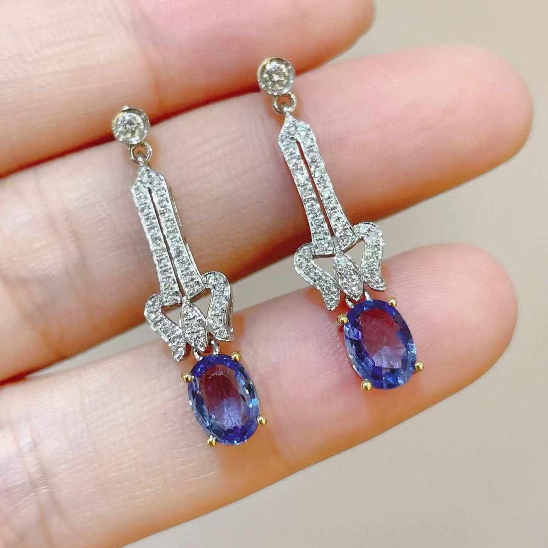 14k Gold 2.18 Ctw Natural Sapphire & Diamond Earrings - 2