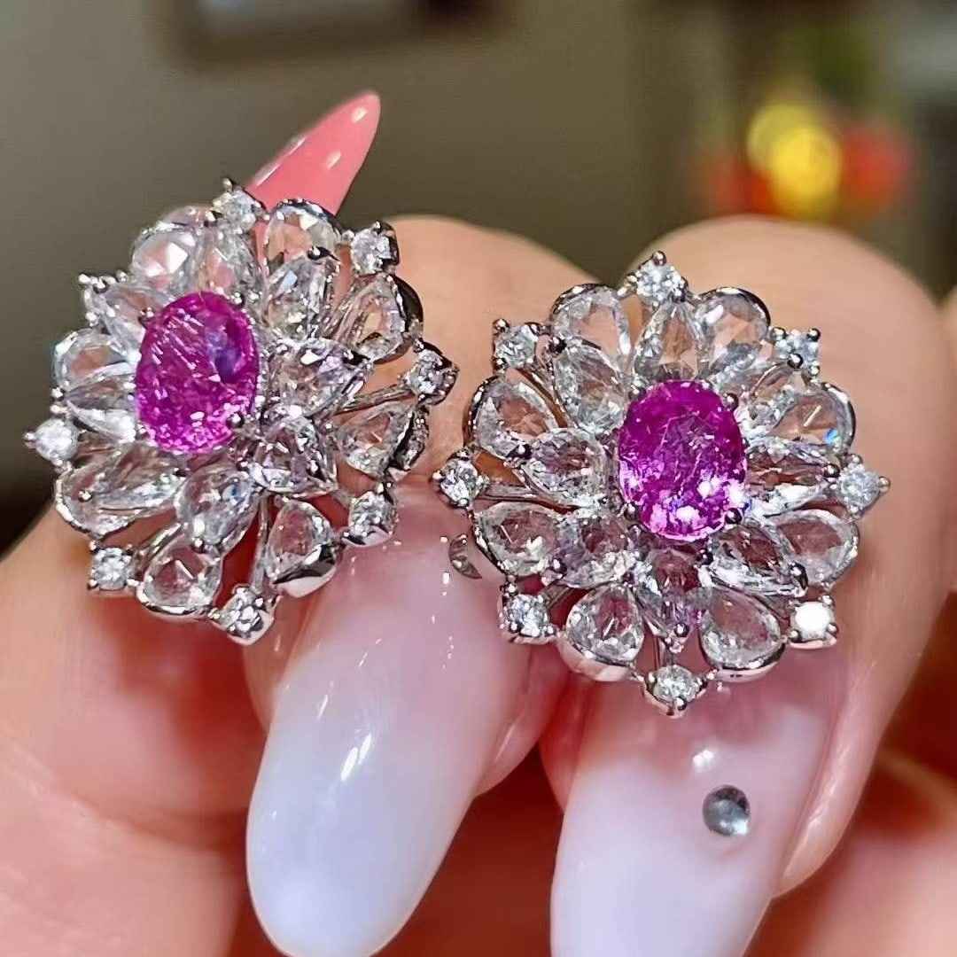 14k Gold 2.11 Ctw Natural Sapphire & Diamond Earrings: Ref:231033185 // gold content:14k gold // main gemstone:sapphire // shape:oval // carat weight:1. 7ct // color:pink // treatment:natural // // adjacent gemstone 2 : diamond // shape:round // carat wei