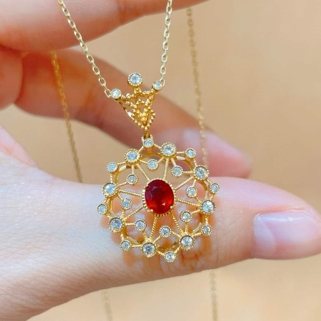 14k Gold 1.24 Ctw Natural Ruby & Sapphire Pendant( Without Chain ): Ref:231033187 // gold content:14k gold // main gemstone:ruby // shape:oval // carat weight:0. 87ct // color:red // treatment:natural // // adjacent gemstone 2 : sapphire // shape:round // carat