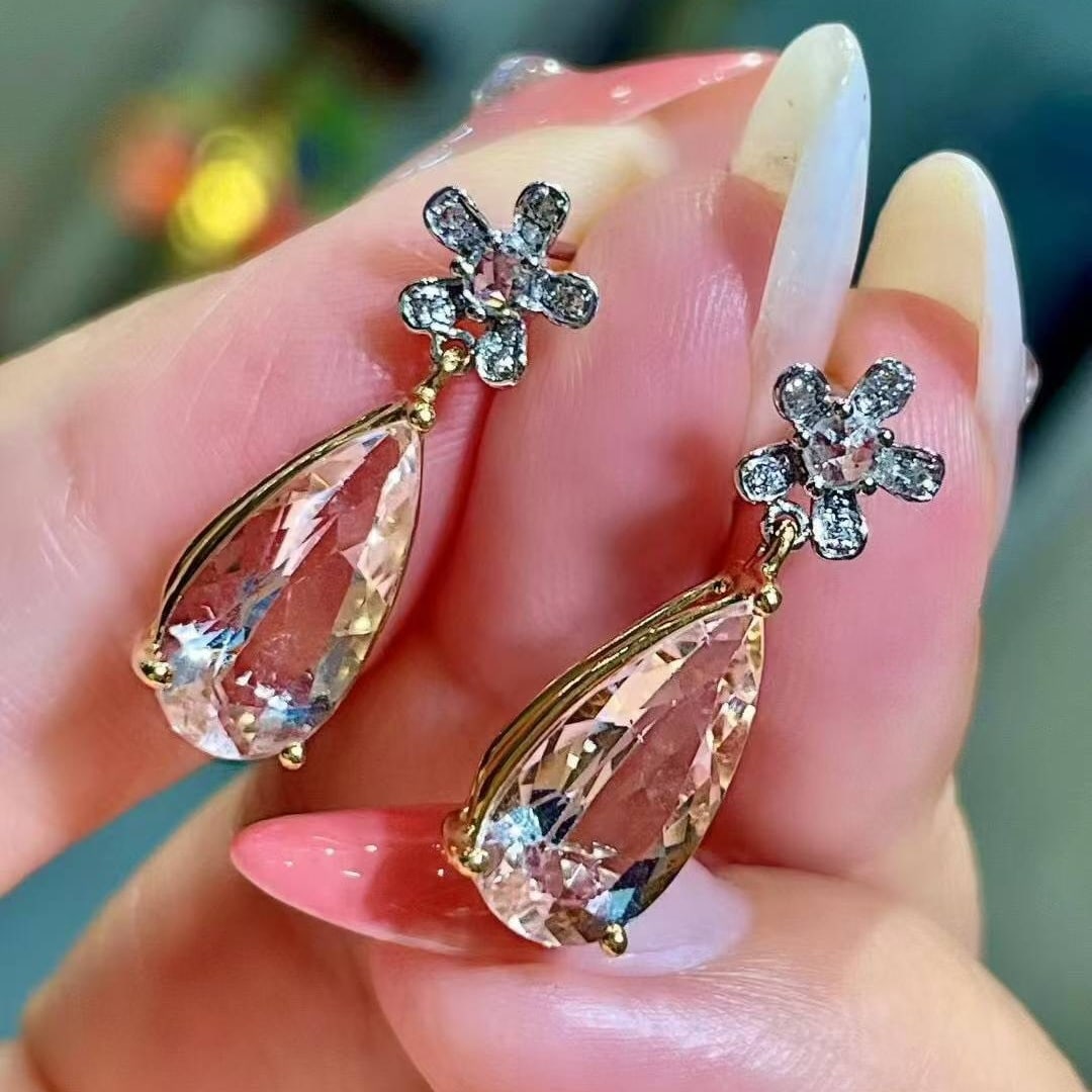 14k Gold 4.88 Ct Natural Morganite & Diamond Earrings - 3