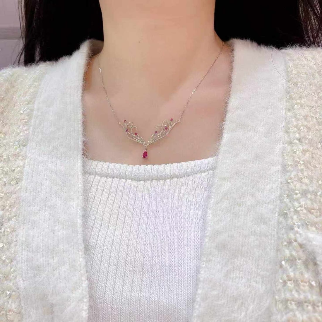 14k Gold 1.04 Ctw Natural Ruby & Diamond Necklace - 4