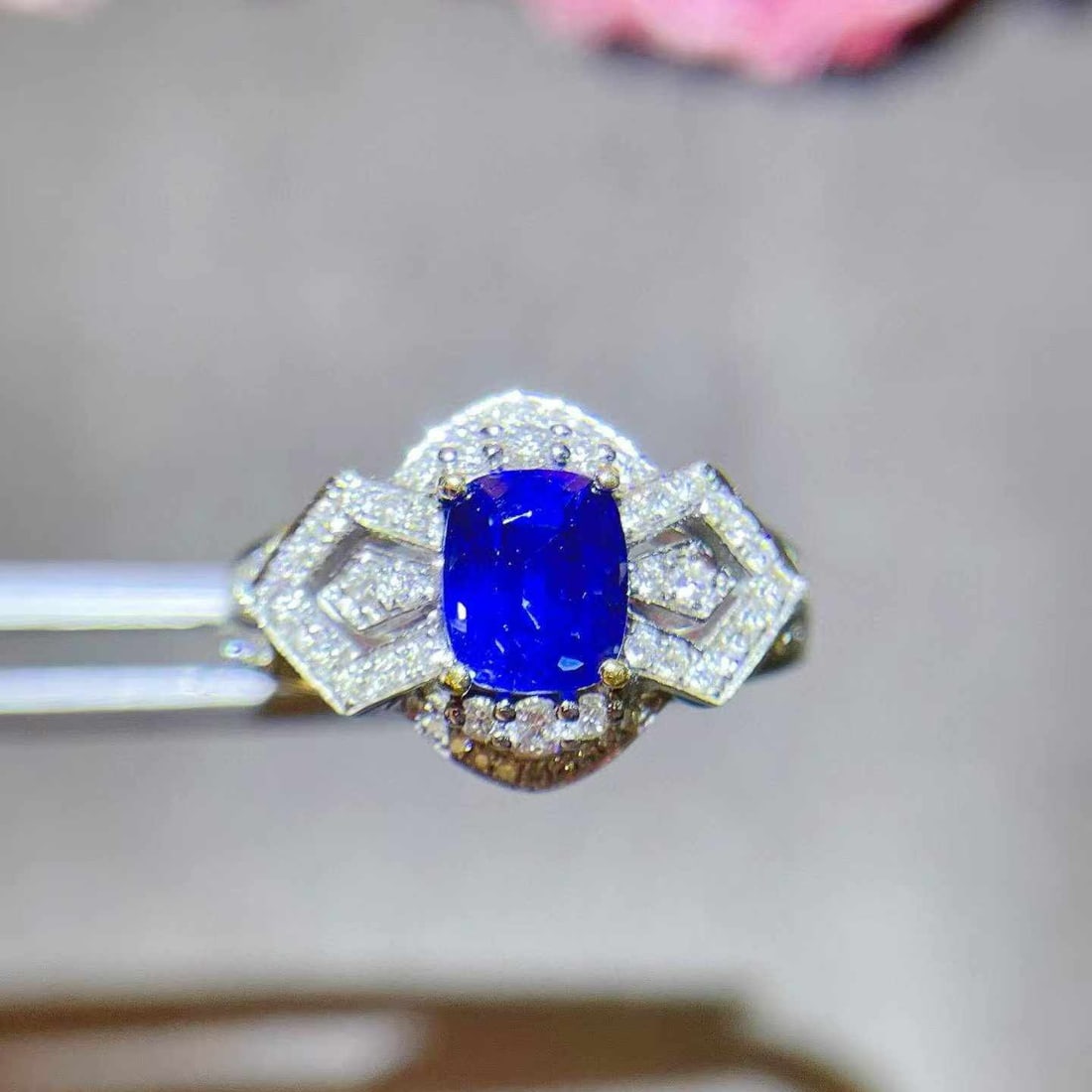 14k Gold 1.63 Ctw Natural Sapphire & Diamond Ring: Ref:231033229 // gold content:14k gold // ring size:7. 25us // // main gemstone:sapphire // shape:cushion // carat weight:1. 19ct // color:blue // treatment:natural // // adjacent gemstone 2 :