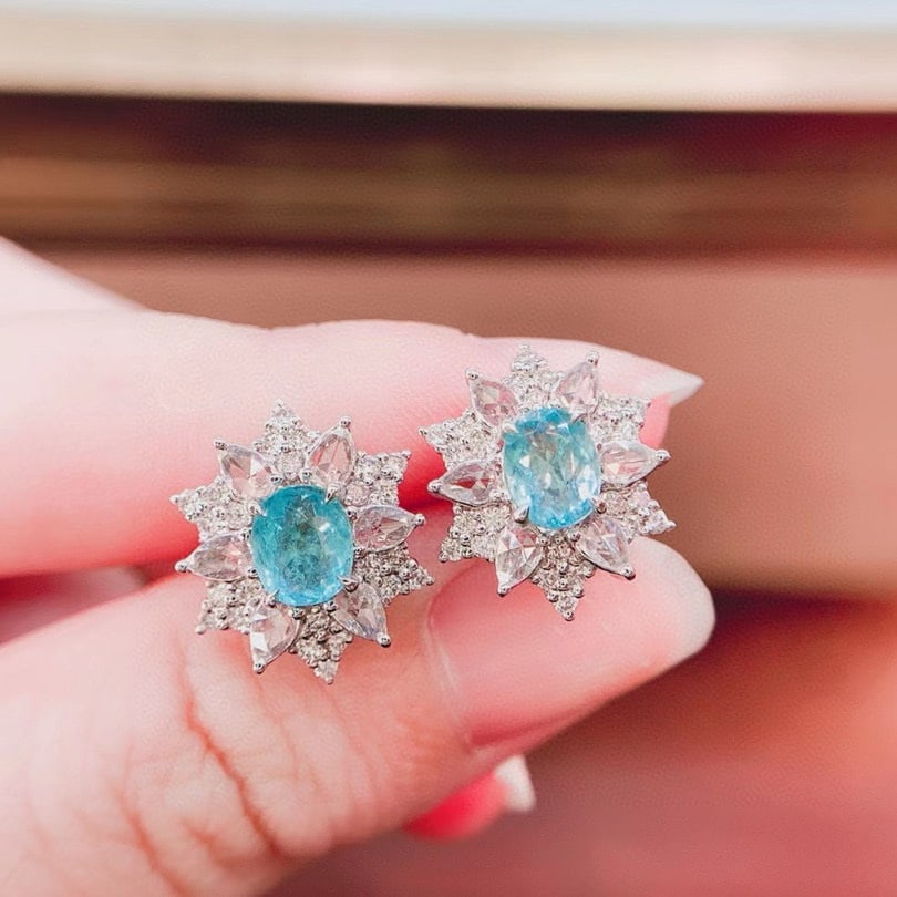 14k Gold 2.0 Ctw Natural Paraiba Tourmaline & Diamond Earrings - 2