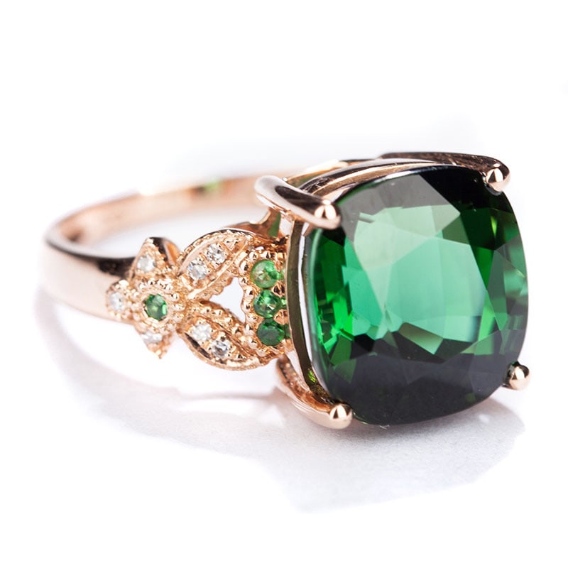 14k Gold 6.6 Ct Natural Tourmaline & Diamond & Tsavorite Ring - 2
