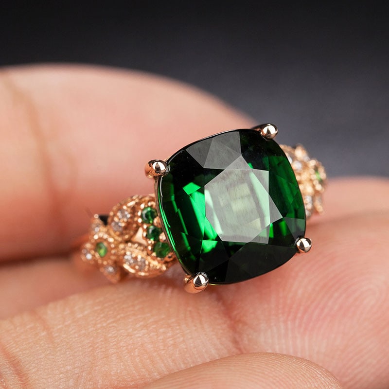 14k Gold 6.6 Ct Natural Tourmaline & Diamond & Tsavorite Ring - 3